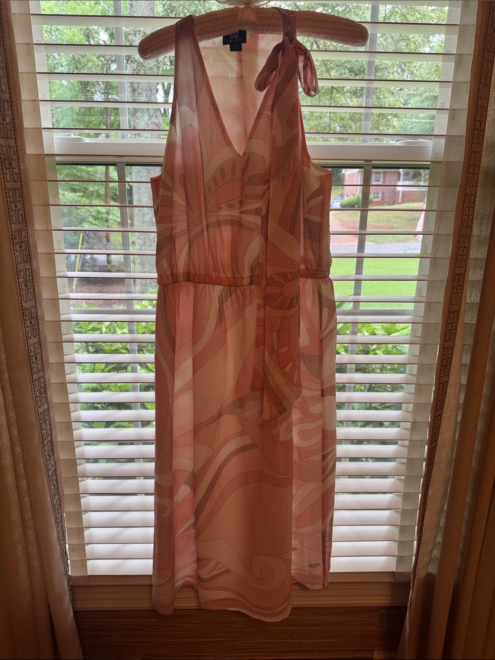 W by Worth Pink and Cream Midi V-Neck Tie-Shoulder Dress